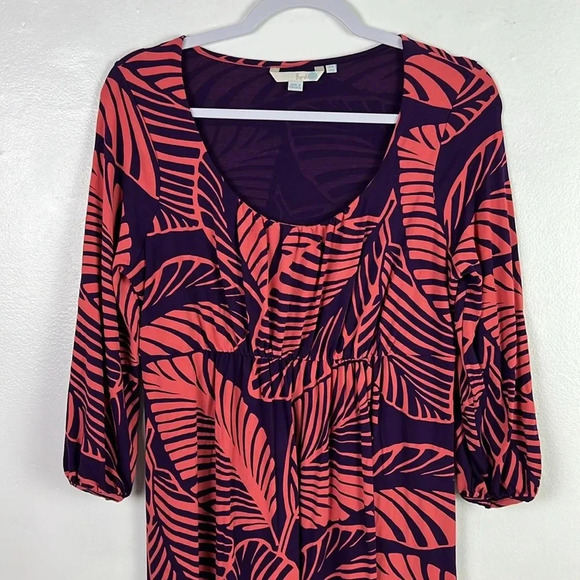 Boden Women's US 10 Purple Orange Leaf Print Quarter Sleeve Elastic Waist Dress - Picture 4 of 10